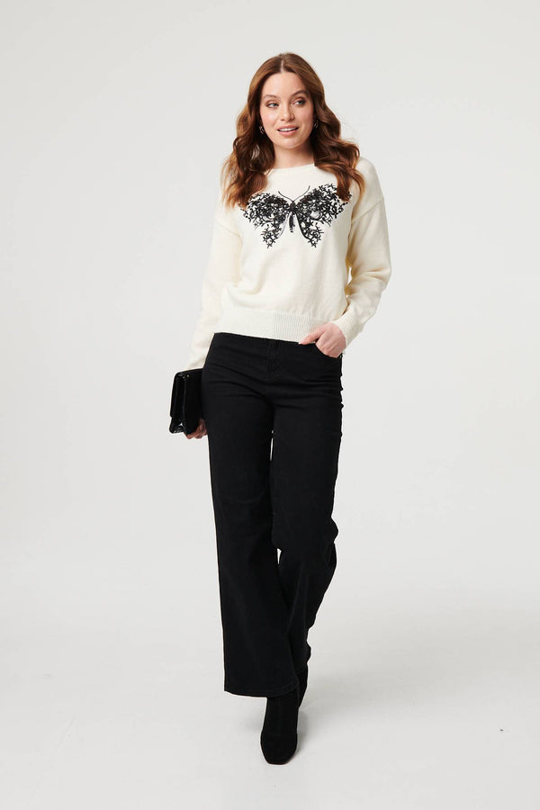 White | Sparkly Butterfly Detail Relaxed Jumper
