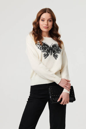 White | Sparkly Butterfly Detail Relaxed Jumper
