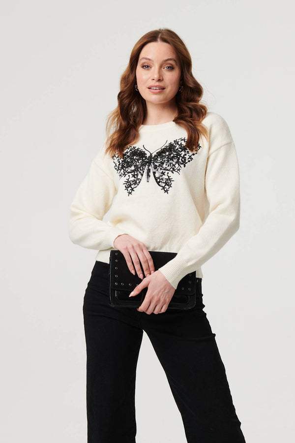 White | Sparkly Butterfly Detail Relaxed Jumper

