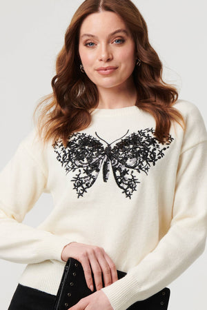 White | Sparkly Butterfly Detail Relaxed Jumper
