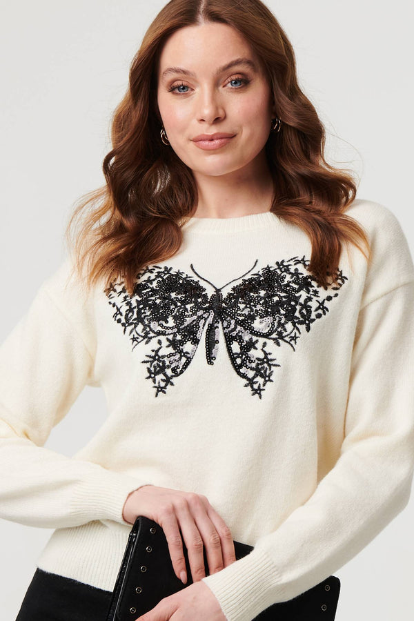 White | Sparkly Butterfly Detail Relaxed Jumper
