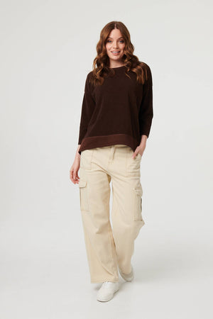 Brown | Contrast Hem Relaxed 3/4 Sleeve Jumper

