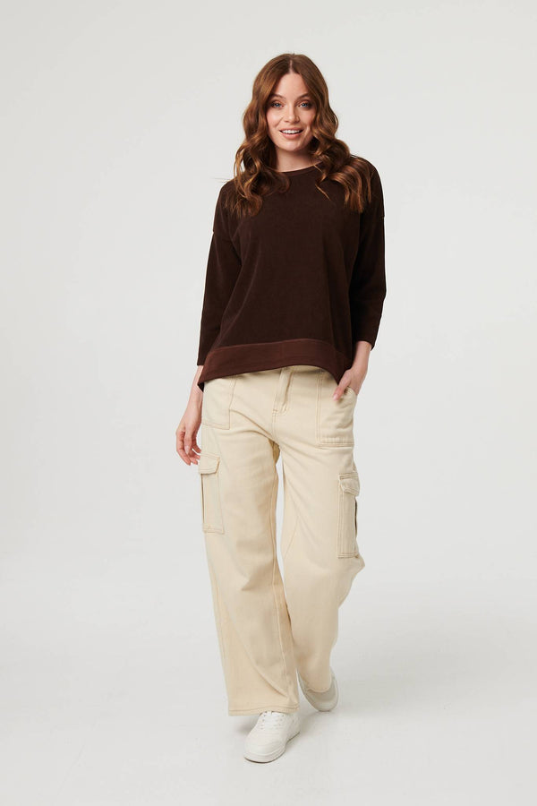 Brown | Contrast Hem Relaxed 3/4 Sleeve Jumper
