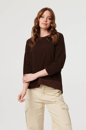 Brown | Contrast Hem Relaxed 3/4 Sleeve Jumper : Model is 5'9