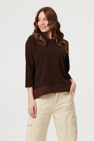 Brown | Contrast Hem Relaxed 3/4 Sleeve Jumper
