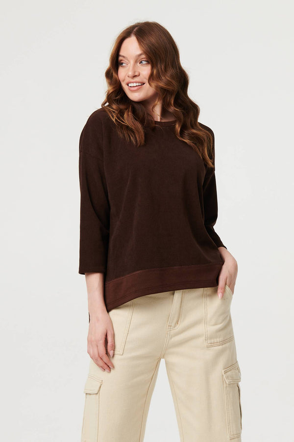 Brown | Contrast Hem Relaxed 3/4 Sleeve Jumper
