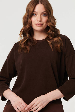 Brown | Contrast Hem Relaxed 3/4 Sleeve Jumper
