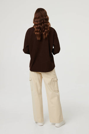 Brown | Contrast Hem Relaxed 3/4 Sleeve Jumper
