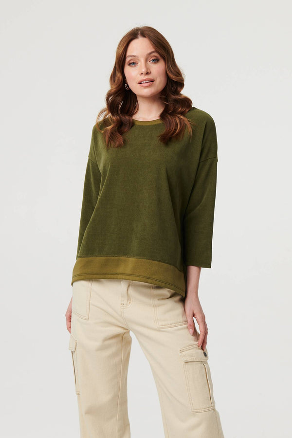 Khaki | Contrast Hem Relaxed 3/4 Sleeve Jumper
