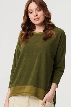 Khaki | Contrast Hem Relaxed 3/4 Sleeve Jumper
