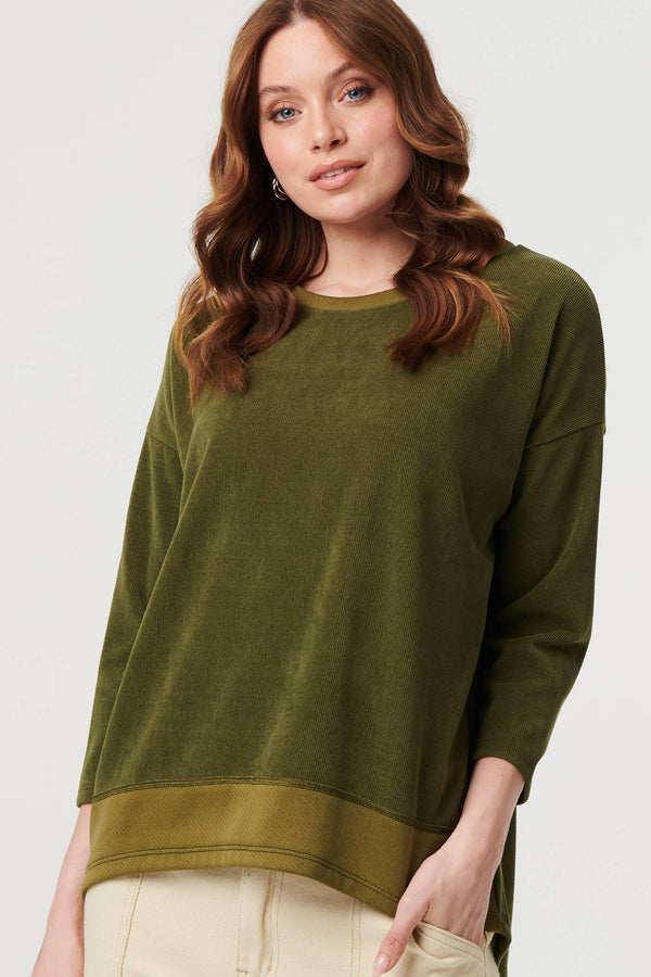 Khaki | Contrast Hem Relaxed 3/4 Sleeve Jumper
