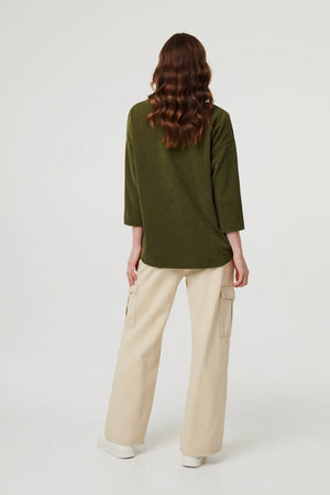 Khaki | Contrast Hem Relaxed 3/4 Sleeve Jumper
