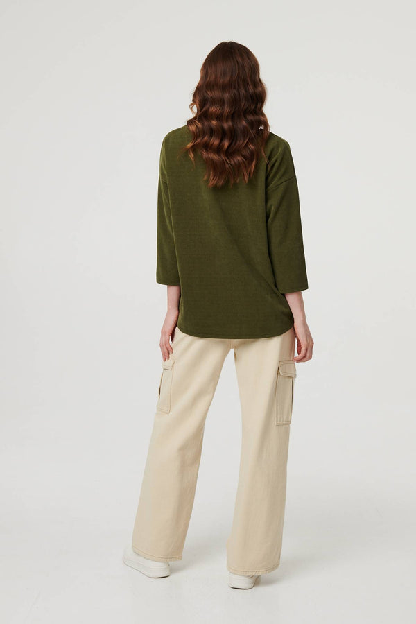 Khaki | Contrast Hem Relaxed 3/4 Sleeve Jumper
