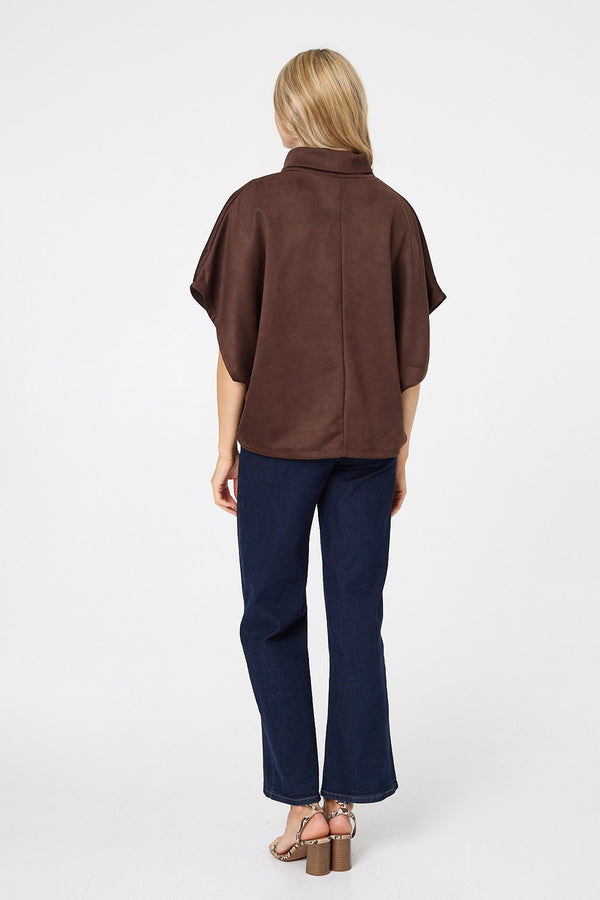 Brown | Suedette Cowl Neck Batwing Sleeve Top
