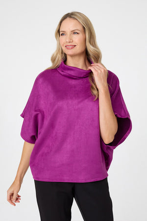 Purple | Suedette Cowl Neck Batwing Sleeve Top : Model is 5'10