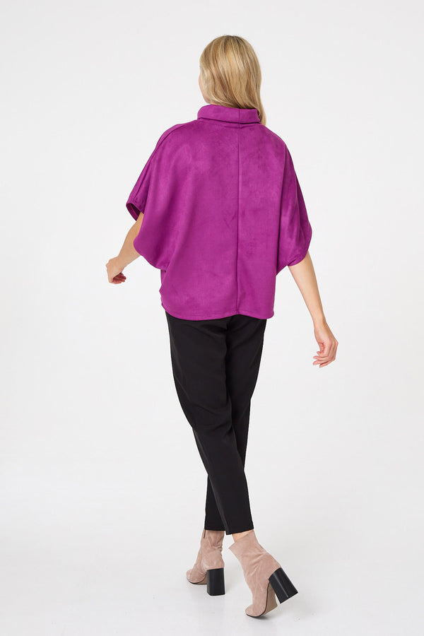 Purple | Suedette Cowl Neck Batwing Sleeve Top
