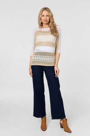 Gold | Semi Sheer Mesh 3/4 Sleeve Knit Top