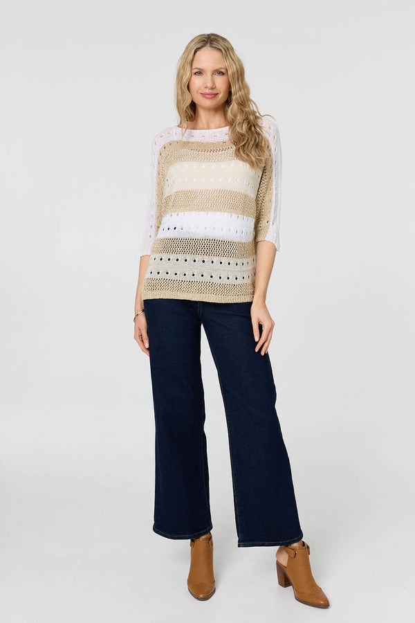 Gold | Semi Sheer Mesh 3/4 Sleeve Knit Top