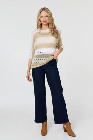 Gold | Semi Sheer Mesh 3/4 Sleeve Knit Top