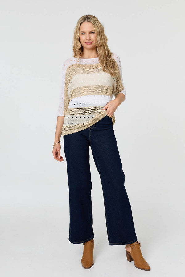Gold | Semi Sheer Mesh 3/4 Sleeve Knit Top