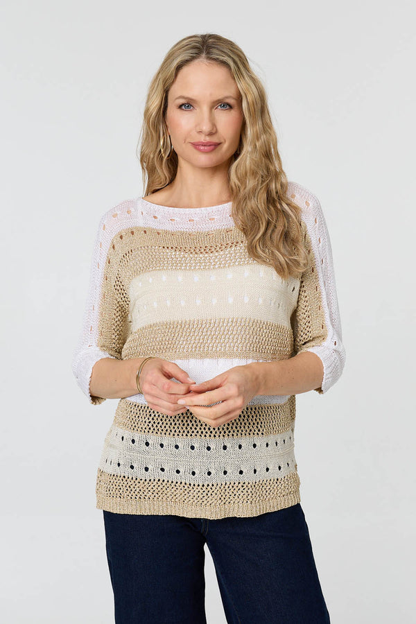 Gold | Semi Sheer Mesh 3/4 Sleeve Knit Top