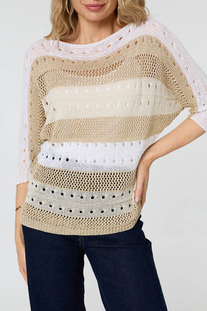 Gold | Semi Sheer Mesh 3/4 Sleeve Knit Top