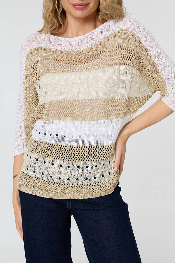 Gold | Semi Sheer Mesh 3/4 Sleeve Knit Top