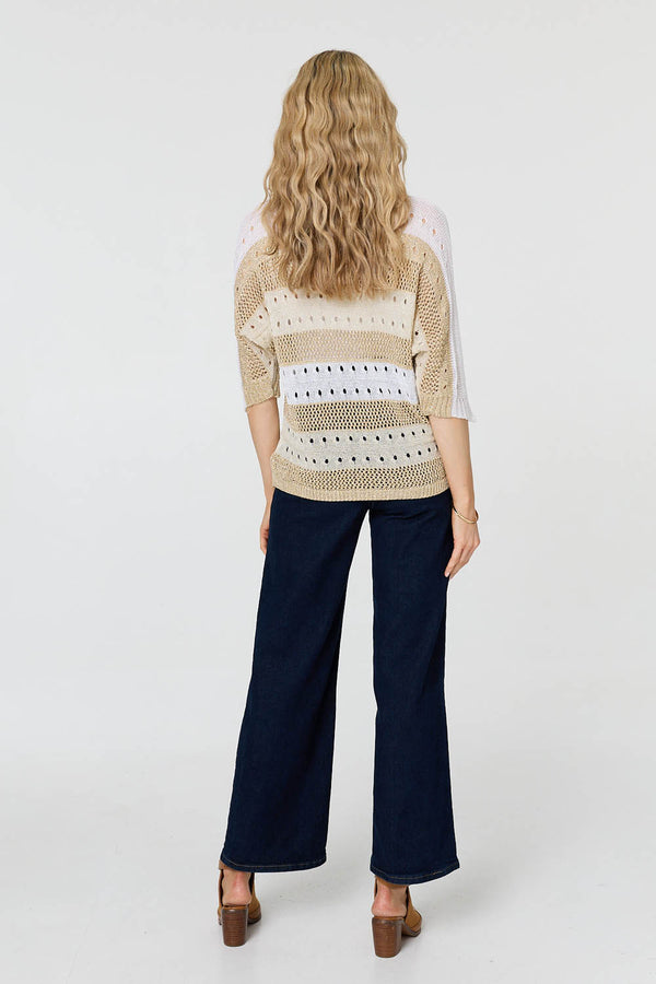 Gold | Semi Sheer Mesh 3/4 Sleeve Knit Top