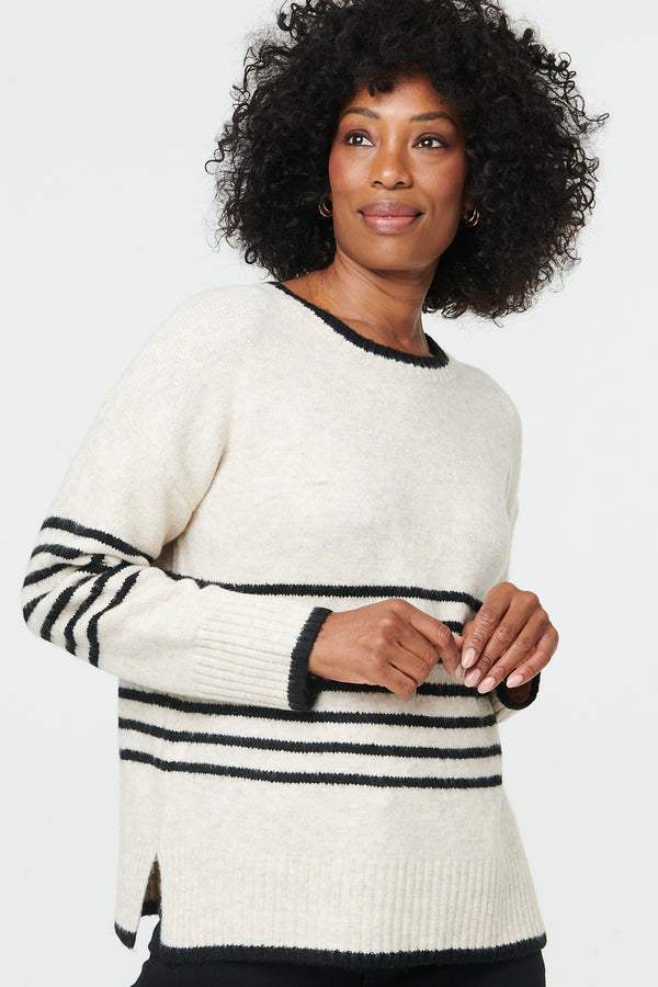 Cream | Striped Drop Shoulder Textured Jumper