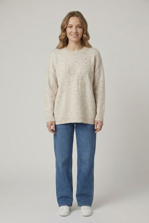 Cream | Floral Embellished Textured Jumper