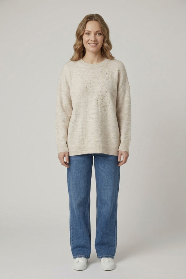 Cream | Floral Embellished Textured Jumper