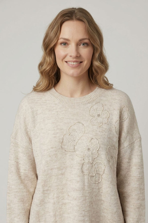 Cream | Floral Embellished Textured Jumper