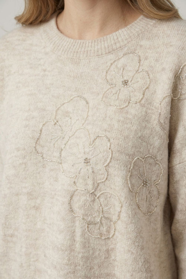 Cream | Floral Embellished Textured Jumper