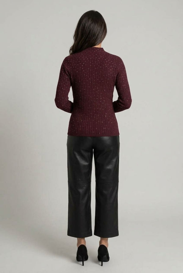 Burgundy | Sparkly Textured Long Sleeve Knit Top