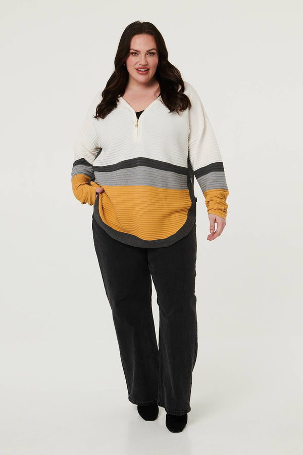 Mustard | Curve Colour Block Zip Detail V-Neck Jumper
