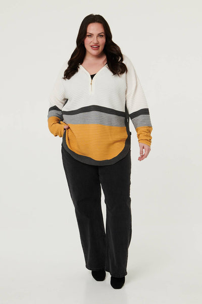 Mustard | Curve Colour Block Zip Detail V-Neck Jumper