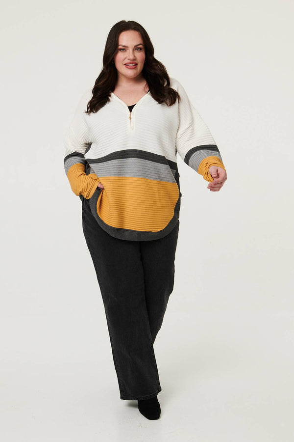 Mustard | Curve Colour Block Zip Detail V-Neck Jumper