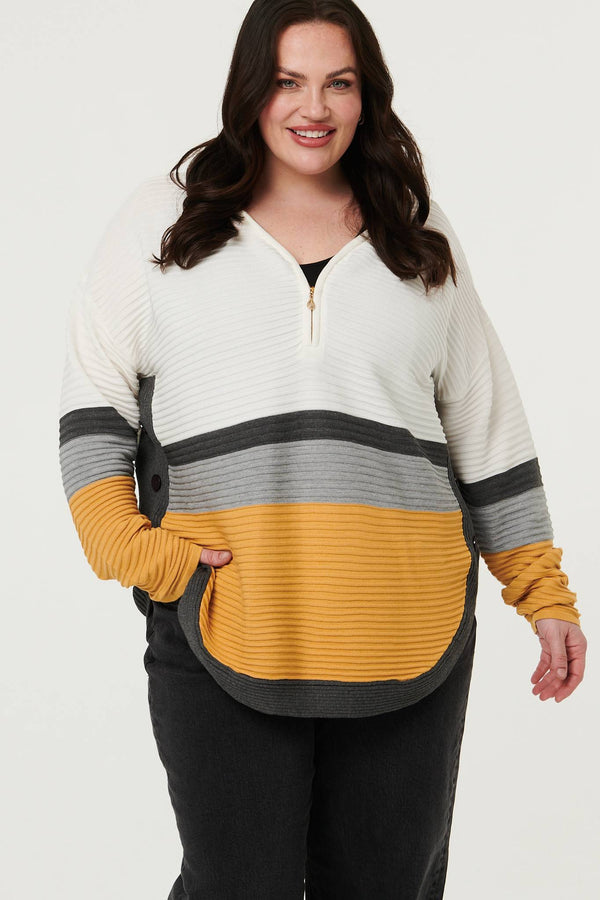 Mustard | Curve Colour Block Zip Detail V-Neck Jumper