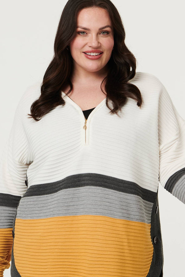 Mustard | Curve Colour Block Zip Detail V-Neck Jumper