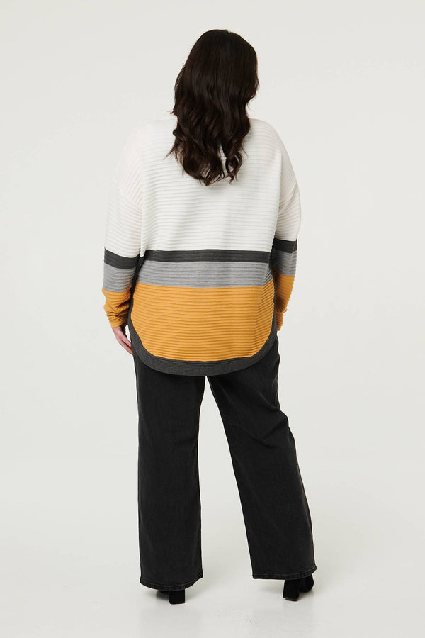 Mustard | Curve Colour Block Zip Detail V-Neck Jumper