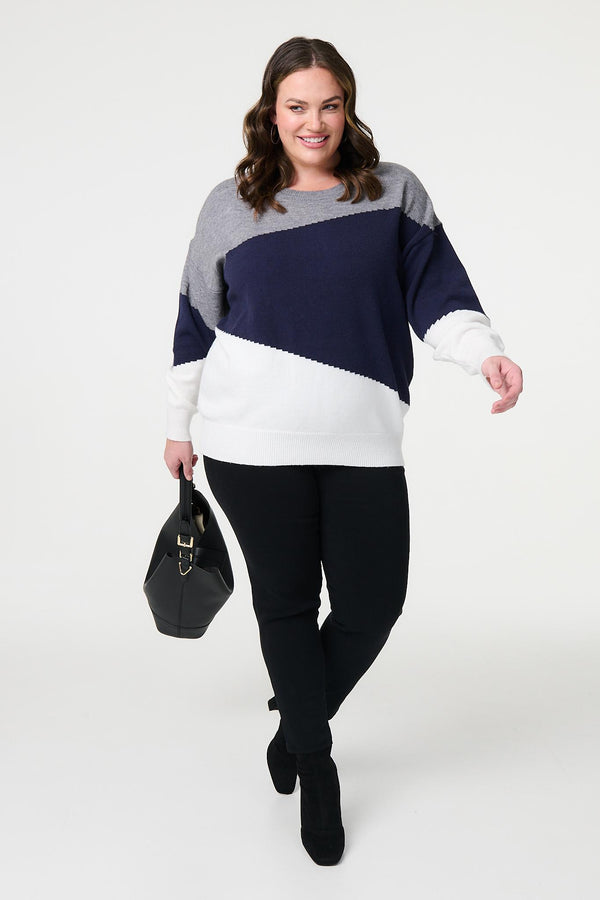 Navy | Curve Colour Block Relaxed Knit Sweater