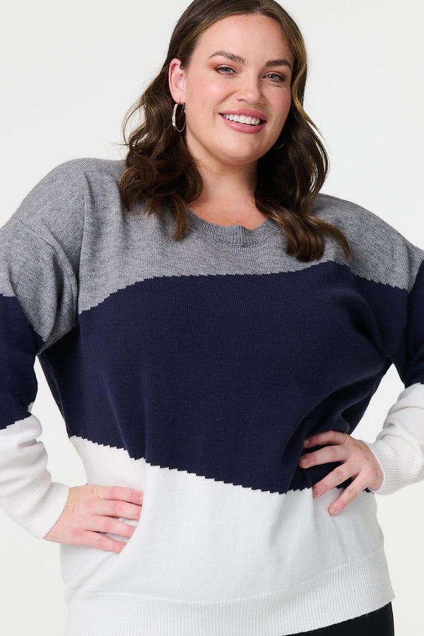Navy | Curve Colour Block Relaxed Knit Sweater
