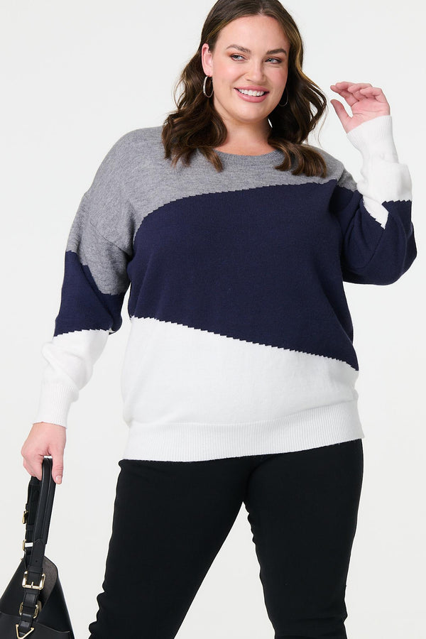 Navy | Curve Colour Block Relaxed Knit Sweater