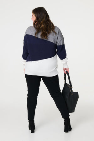 Navy | Curve Colour Block Relaxed Knit Sweater