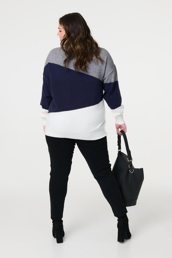 Navy | Curve Colour Block Relaxed Knit Sweater
