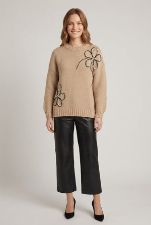 Beige | Floral Stitch Embellished Relaxed Jumper