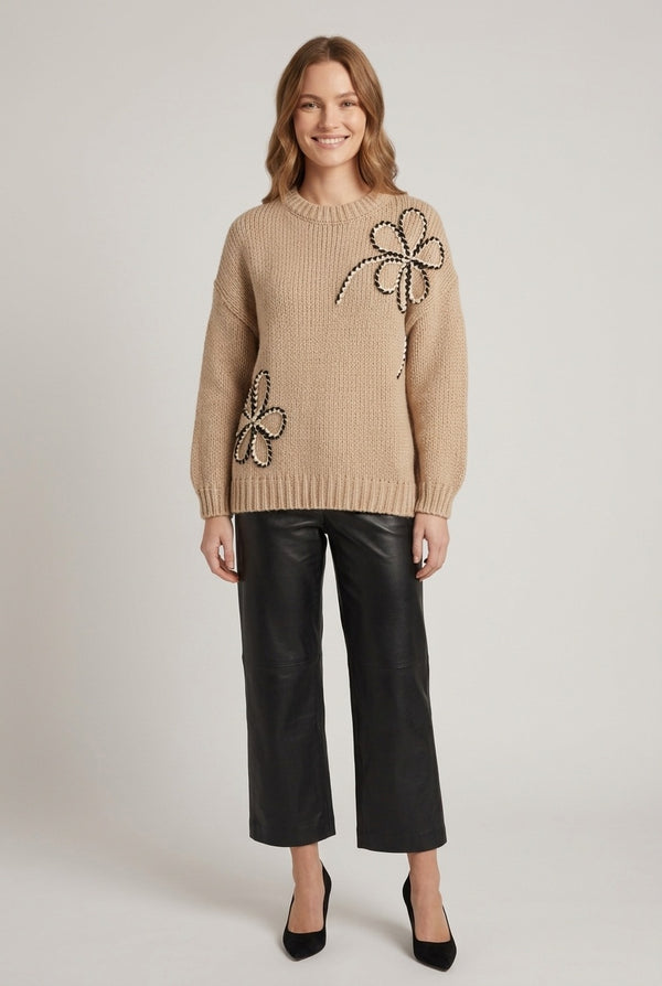 Beige | Floral Stitch Embellished Relaxed Jumper