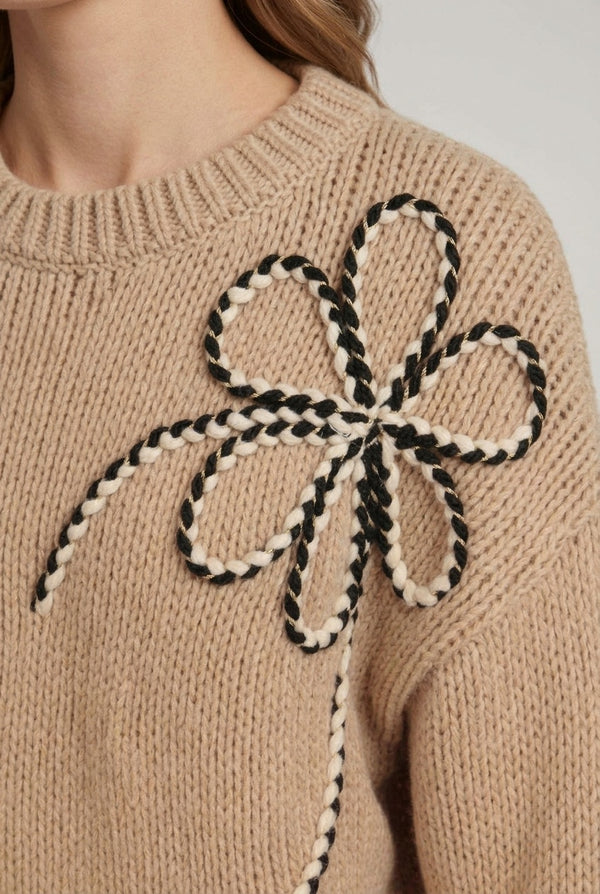 Beige | Floral Stitch Embellished Relaxed Jumper