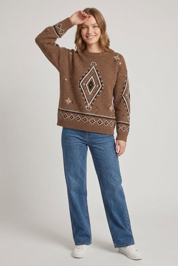 Brown | Aztec Print Relaxed Fit Jumper