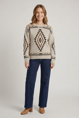 Grey | Aztec Print Relaxed Drop Shoulder Jumper